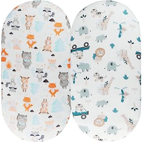 Bassinet Sheet Set 2 Pack Snug Fitted Cradle Fitted Sheets, Stretchy Ultra Soft, for Oval Rectangle Hourglass Bassinet Mattress, Unisex Boy Girl, Tiger Elephant & Fox