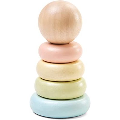 PlanToys First Stacking Rings Baby Toy - Sustainably Made from Rubberwood Featuring Organic-Pigment Coloring and Water-Based Dyes with Collapsible Central Rod for Safety
