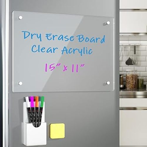 Acrylic Note Board Refrigerator Dry Erase Board Magnetic Clear 15”x11 Includes 4 Dry Erase Markers