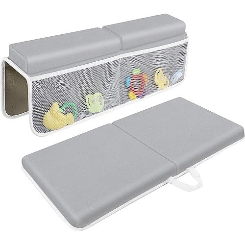 CHILDHOOD Bath Kneeler and Elbow Rest Pad Set - Painless Foam with Toy Organizer Pockets, Foldable, Quickly Dry Bathtub Kneeler and Elbow Rest Set for Baby Bathing Parents (Grey)
