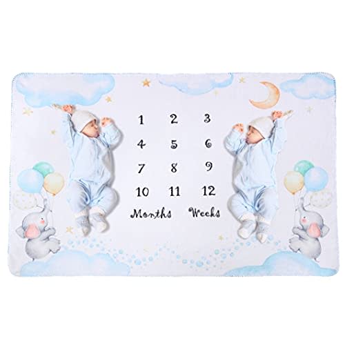 InnoBeta Baby Monthly Milestone Blanket, Flannel Plush Newborn Infant Photo Blanket, for Pictures Photography for Newborn Boys & Girls New Mom Gifts Twins Elephant (White, 39"x 59")