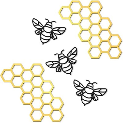 Peryiter 5 Pcs Metal Bee Wall Art Farmhouse Honey Bee Honey Comb Decor Wire Metal Bee Wall Metal Decor Bee Metal Wall Hanging for Living Room Garden Bedroom Office Home (Black, Gold,Classic)