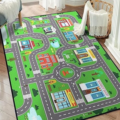 Play Rug for Playroom 59"x39" Car Mat Town City Road Map for Bedroom Fun Car Play Area Carpet Non-Slip Washable