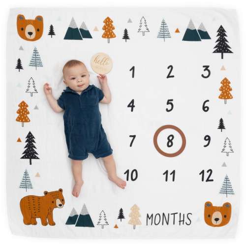 Organic Baby Monthly Milestone Blanket Boy - Growth Age Blanket for 1-12 Months Milestones with Frame & Newborn Announcement Disc, Woodland