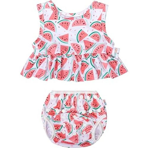 ALVABABY Swim Diaper with Matching Top, Baby Reusable Toddler Swimsuit,Infant Bathing Sleeveless Tankini Swimwear