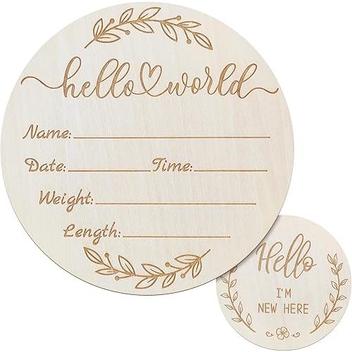 Baby Announcement Sign, Hello World Newborn Sign, Wooden Baby Name Sign for Nursery, Birth Announcement Sign for Hospital, Welcome Baby Sign Announcement Board for Photo Prop Baby Shower