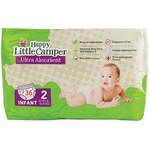 Happy Little Camper Natural Diapers, Disposable Cotton Baby Diapers with Aloe, Ultra-Absorbent, Hypoallergenic and Fragrance Free for Sensitive Skin, Size 2 (12-18 lbs), 36 Count