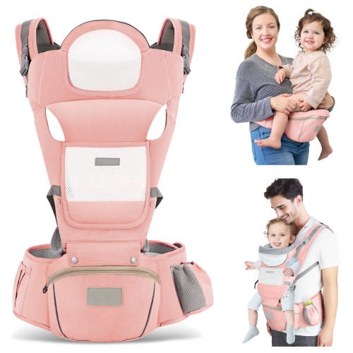 OTDLIGHT Baby Carrier with Hip Seat, Ergonomic M Position 6 in 1 Baby Wraps Carrier Adjustable Holder Newborn to Toddler with Head Support and Breathable Mesh Pink