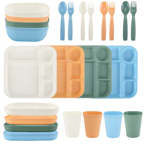 Your Zone 24-Piece Plastic Square Dinnerware Set for Kids with 4 Trays, Bowls, Plates, Cups, Forks, Spoons in Cream, Orange, Green, Blue