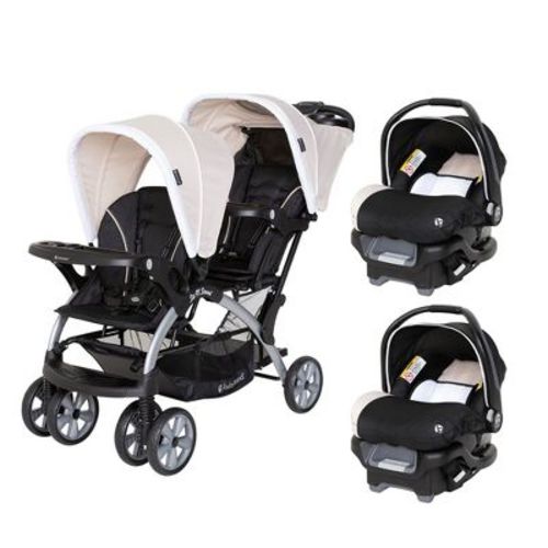 Baby Trend Sit N Stand Easy Fold Travel Double Baby Stroller And 2 Single Infant Car Seats Travel System With Safety Harnesses And Cover, Khaki
