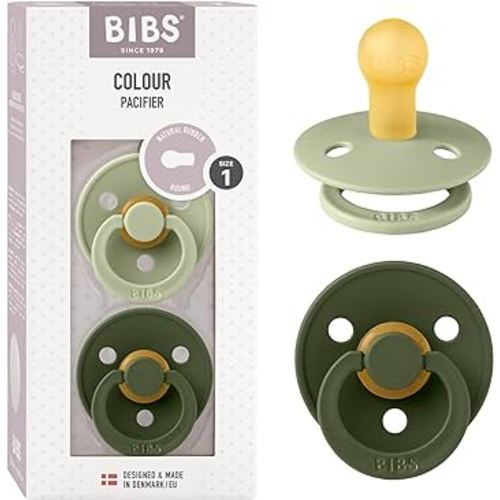 BIBS Colour Baby Pacifier 2-Pack | Made in Denmark | BPA Free Dummy Soother, Round Nipple. Natural Rubber Latex, Size 1 (0-6 Months), Sage/Hunter Green