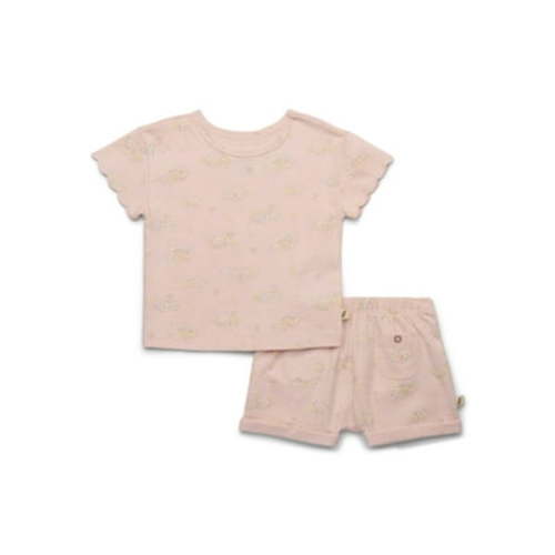 easy-peasy Baby Girls Crinkled Knit Scallop-Trim T-Shirt and Shorts with Pockets Set, 2-Piece, Sizes 0M-24M