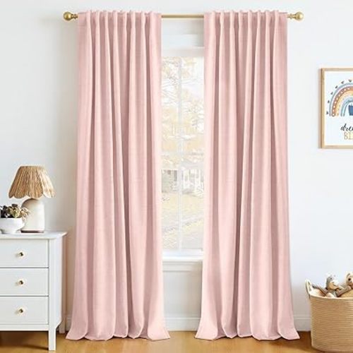 INOVADAY 100% Blackout Curtains 84 Inches Length 2 Panels Set, Back Tab/Rod Pocket Linen Black Out Curtains for Bedroom, Thermal Insulated Window Drapes - Baby Pink, W50 X L84