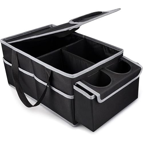 GUWINA Car Seat Storage Organizer with Lid Tray for Kids, Car Essentials Back Seat Organizer Between Seats Passenger seat with Cup Holder for Travel Baby Toys Diaper Caddy Bag (Black)