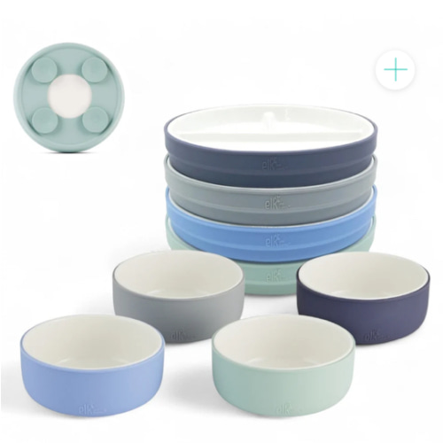 Kids Porcelain Mealtime Bundle | Suction Sleeves | 7.8" Plates + Bowls | 8 Pcs | Sage/Misty Blue/Navy/Gray