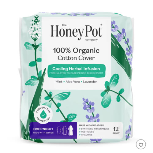 The Honey Pot Company 100% Organic Cotton Cover Cooling Herbal Infusion Overnight Pads - 12ct