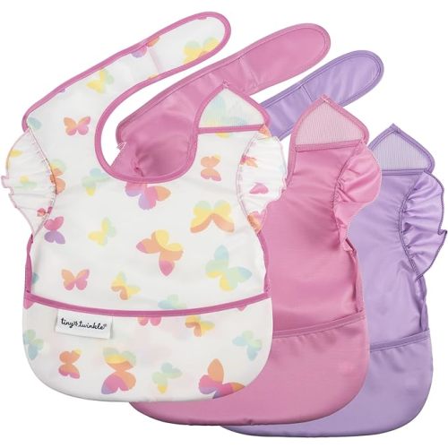 Tiny Twinkle Mess-Proof Baby Bib - Waterproof Bib for Baby Boy or Girl - PFAS, PVC, BPA, Phthalate Free - Baby Food Bibs - 3 Pack - 3-pack Butterfly