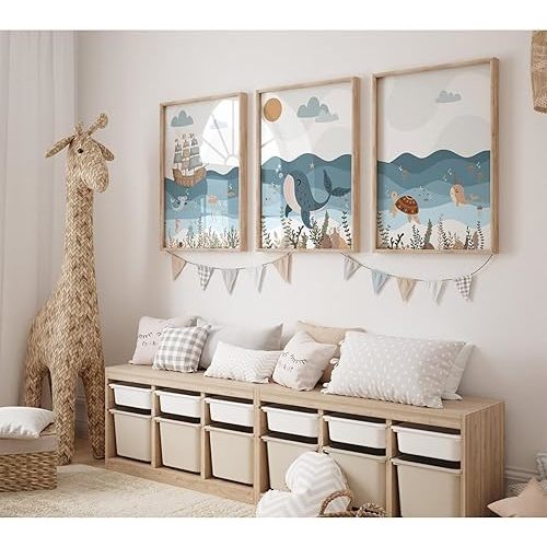 Ocean Nursery Wall Art Pictures Blue Nautical Canvas Art Beach Animal Wall Decor Baby Boys Room Wall Art Sea Whale Prints Ocean Nautical Poster for Nursery Baby Room 12x16 Inch Set of 3 Unframed