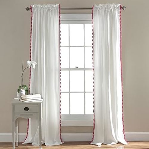 Lush Decor Pom Curtain | Textured, Solid Color Vintage Chic Style Window Panel for Living, Dining Room, Bedroom (Single), Pink, 50"W x 84"L