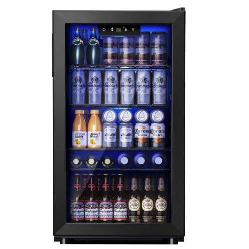 Simzlife 130 Can Beverage Refrigerator with Glass Door for Home, 17.3 in D, 31.3 in H, Black