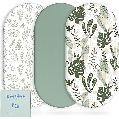 Yoofoss Bassinet Sheets Baby Girl Boy, Fitted Bassinet Sheet Set 3 Pack Universal Fit for Cradle Moses Basket Oval Rectangle Round Hourglass Mattress,Soft Breathable (Green+Leaf)