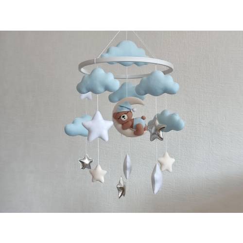 Bear mobile baby nursery decor woodland, hanging mobile for crib, baby mobile neutral, expecting mom gift, stars & clouds nursery decor