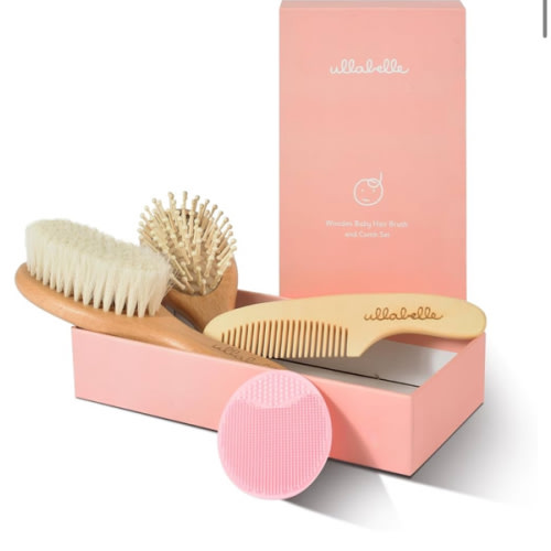 Ullabelle 4 Piece Wooden Baby Hair Brush and Comb Set for Newborns & Toddlers in Chic Gift Box - Ultra Soft Natural Goat Hair and Wood Baby Brush Set Prevents Cradle Cap - Perfect Registry Gift (Pink)