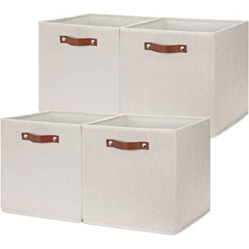 HNZIGE Large Storage Baskets Set of 4 Bins Collapsible Storage Baskets,13x13 Storage Cube Bins with Handles,Foldable Storage Cube Bins for Shelves, Closet Storage Organizer Home Nursery Office(cream)