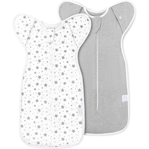 2-Pack Baby Transitional Swaddle Sleep Sack - Arms Up Transitional Swaddles with Removable Cuffs & 2-Way Zipper, Gray Stars Design, Breathable Cotton Sleep Sack (6-9 Month)