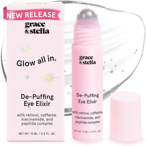 grace & stella Award Winning Under Eye Brightener Roller - Airplane Travel Essentials - Retinol & Caffeine Eye Serum for Puffiness, Dark Circles, Wrinkles - Vegan Skincare (15ml / 0.51floz)