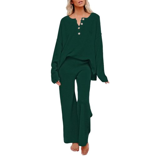 Pink Queen Women's 2 Piece Outfit Set Long Sleeve Button Pullover Sweater Top and Wide Leg Pants Knit Sweatsuit