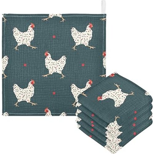 Farm Hens Chicken Baby Muslin Washcloths Soft Absorbent Face Towel Rooster Burp Cloths Cotton Bath Wipes 5 Pack Infant Wash Cloth for Newborn Boys Girls 12x12 inches