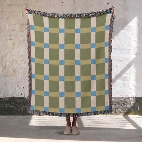 Mid Century Modern Color Blok Woven Blanket, 100% Cotton Green Yellow & Blue Jacquard Throw, Contemporary Decor