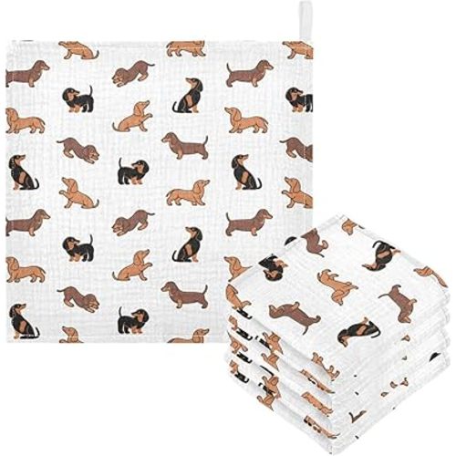 Dachshund Dog Muslin Baby Hand Washcloths, Soft Cotton Bath Face Towel, 4 Layers Extra Absorbent Feeding Burp Cloth for Newborn Infant, 5 Pack