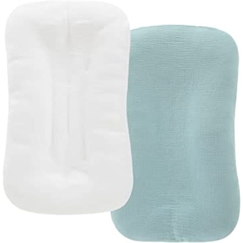 HOMBYS Muslin Baby Lounger Cover 2 Pack for Newborn, 100% Cotton Lounger Slipcover, Ultra Soft Removable Cover for Infant Lounger Pillow (Light Green & White)
