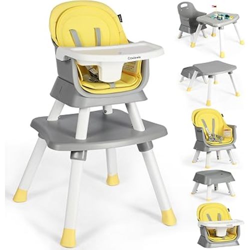 Cowiewie 8 in 1 Baby High Chair for Babies & Toddlers Table and Chair Set Building Block Table Highchair with Safety Harness, Removable Tray(Yellow)