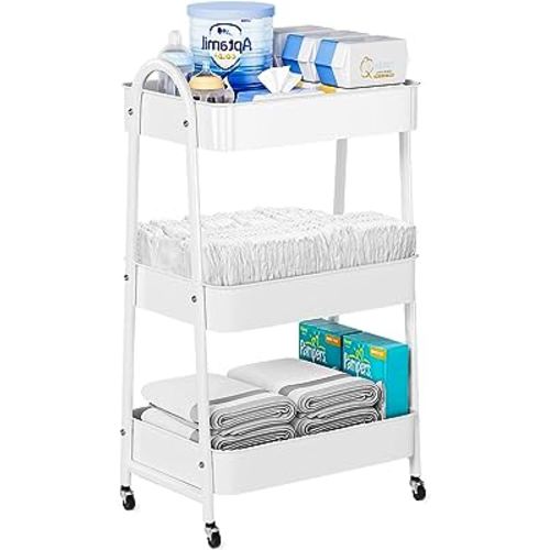 Baby Diaper Caddy Organizer, Metal Utility Diaper Cart, Multifunction Essential Newborn Baby Registry Items, Movable Changing Station/Easy Assembly, White