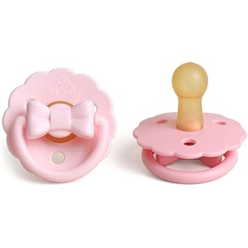Itzy Ritzy Natural Rubber Pacifiers – Baby Pacifiers with Cherry-Shaped Nipple & Large Air Holes for Added Safety - Set of 2 Binkies in Light Pink & Dark Pink Bows (Ages 6-18 Months)