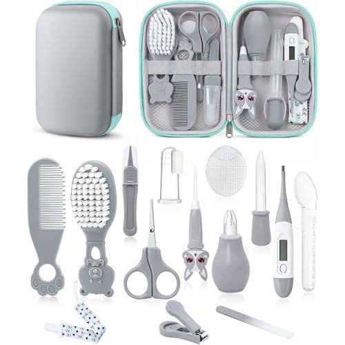 Baby Healthcare and Grooming Kit, Safety Newborn Nursery Baby Care Kit, with Hair Brush Comb, Nail Clipper, Thermometer, Pacifier Clip, Baby Registry Search, Newborn Essentials Girls Boys (Grey)