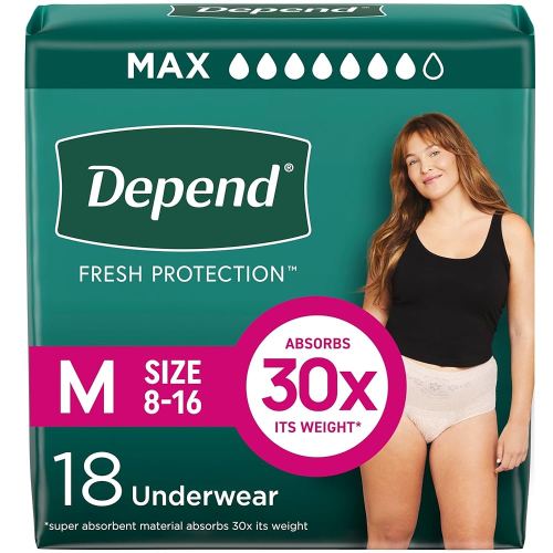 Depend Fresh Protection Adult Incontinence & Postpartum Bladder Leak Underwear for Women, Disposable, Maximum, Medium, Blush, 18 Count, Packaging May Vary