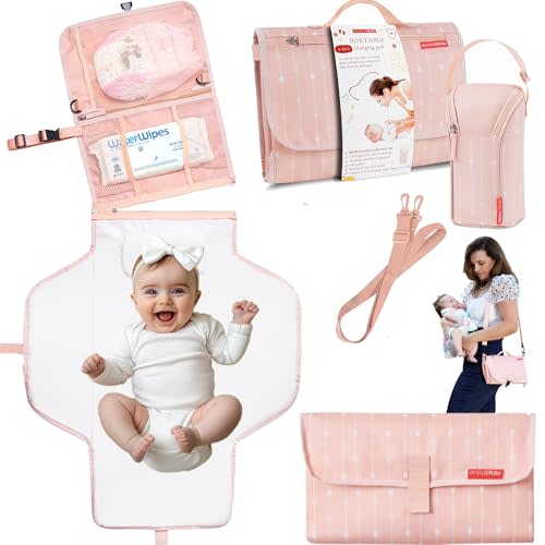 Portable Diaper Changing Pad Waterproof – B0NUS Insulated Baby Bottle Bag, 2-in-1 Diaper Clutch and Changing Mat, Wipe Clean Portable Changing Pad with Built-in Head Cushion (Peach)