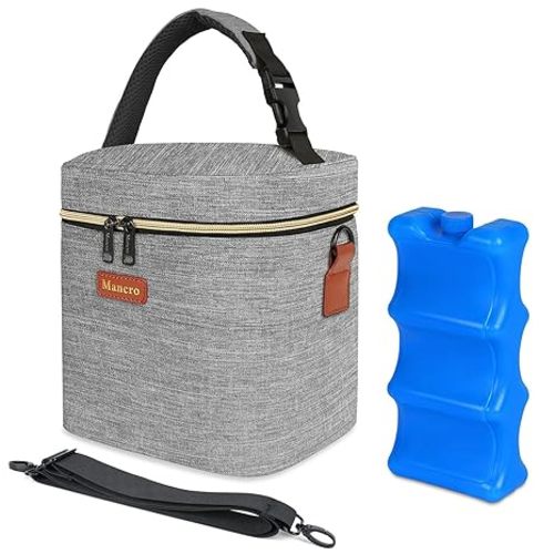 Mancro Baby Bottle Bag with Insulated Cooler, Fits 6 Baby Bottles Up to 9 Ounce with Ice Pack, Breastmilk Cooler Bag with Adjustable Shoulder Strap for Easy Carrying, Grey