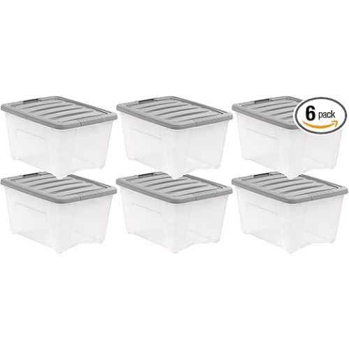 Amazon Basics Plastic Storage Containers with Secure Latching Lids, Stackable Organization Bins, Clear/Grey, 32 Quart, Set of 6
