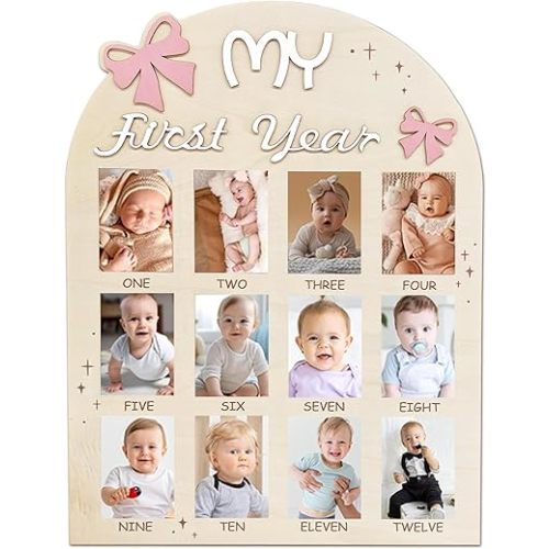 Aukolass Bow One Year of Photo Board, My First Year Photo Photo Board 12 Monthly Milestones Picture Frame for Baby Girl 1st Birthday Decorations (pink)