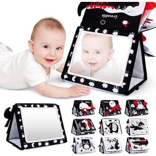 Tummy Time Mirror for Babies, High Contrast Baby Books, Black and White Tummy Time Toys for Infants, 3D Activity Sensory Toys, Montessori Toys Crawling Activity Mat for Newborn 0-6 Months