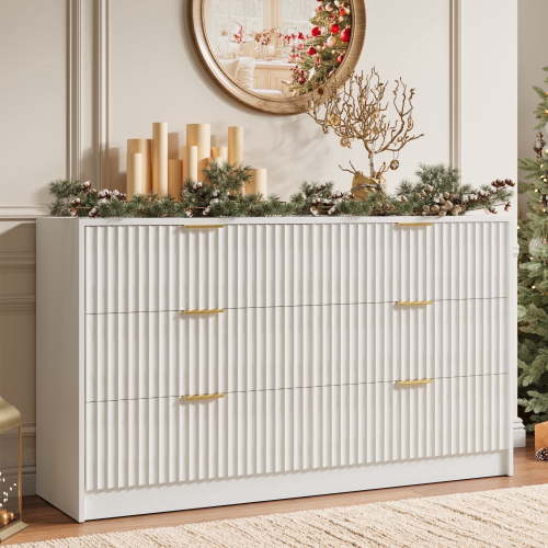YouTrend 6 Drawer Dresser for Bedroom,55.1"Width Fluted Wood Chest of Drawer with Golden Embedded Handles for Living Room,White