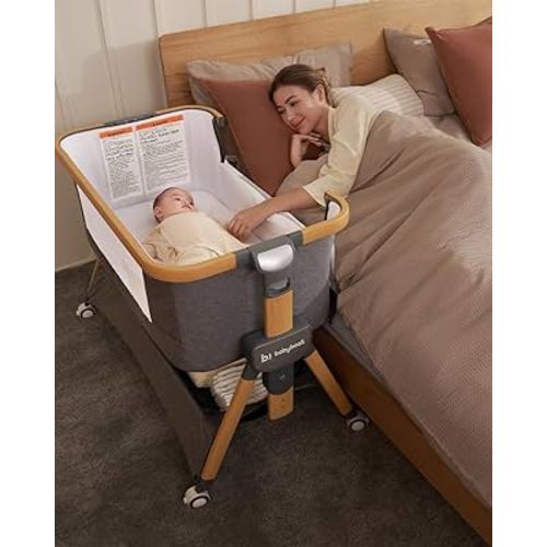 Cozy2, Bedside Bassinet,Travel Bassinet with Bigger Wheels Portable Bassinet Sleeper with Skin-Friendly Mattress,5 Height Adjustable Bedside Crib for Baby - Wood