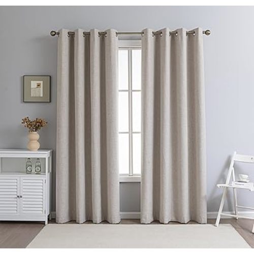 PFAS Free Natural Linen Curtains 63 inch Length 2 Panels Set Burg 100% Blackout Long Drapes for Bedroom Living Room Blackout Darkening Curtain Thermal Insulated (52x63 inch,Natural)