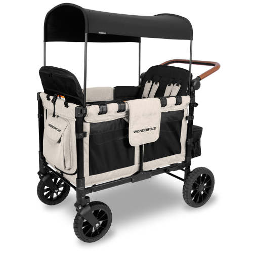 WonderFold W4 Luxe Multifunctional Quad (4 Seater) Stroller Wagon - Sandy Beige / Black Canopy (Albee Exclusive)