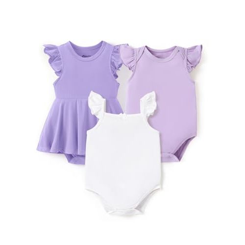 PATPAT Baby Girl Bodysuits - Soft Bamboo Viscose - Flutter Sleeves Cute Dress - Newborn Infant Summer Clothes - 3 Pack